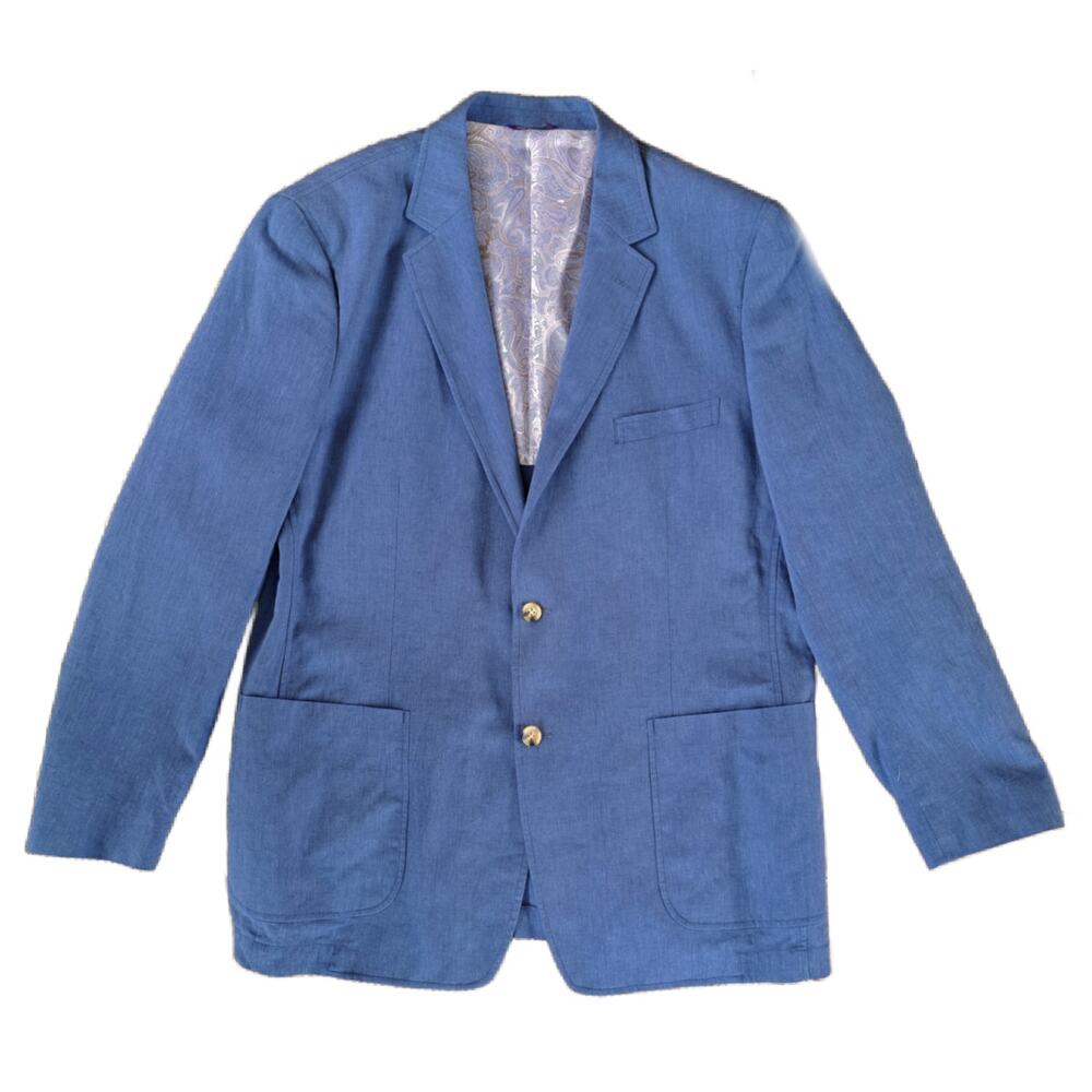 ALAN FLUSSER Men's Large Linen Cotton Blazer Blue Sport Coat Casual Coastal